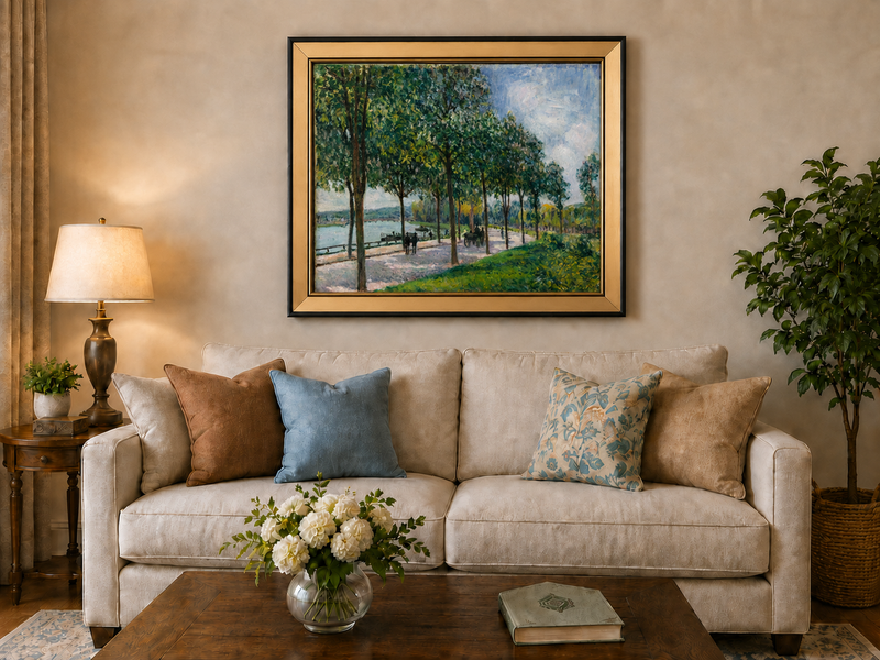 Landscape Oil Painting - Tree-Lined Riverside Promenade in Summer