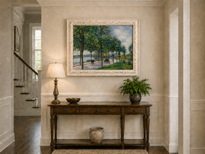 Landscape Oil Painting - Tree-Lined Riverside Promenade in Summer