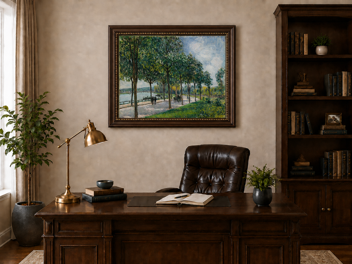 Landscape Oil Painting - Tree-Lined Riverside Promenade in Summer