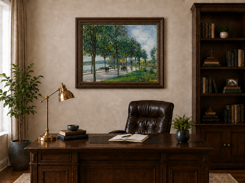 Landscape Oil Painting - Tree-Lined Riverside Promenade in Summer