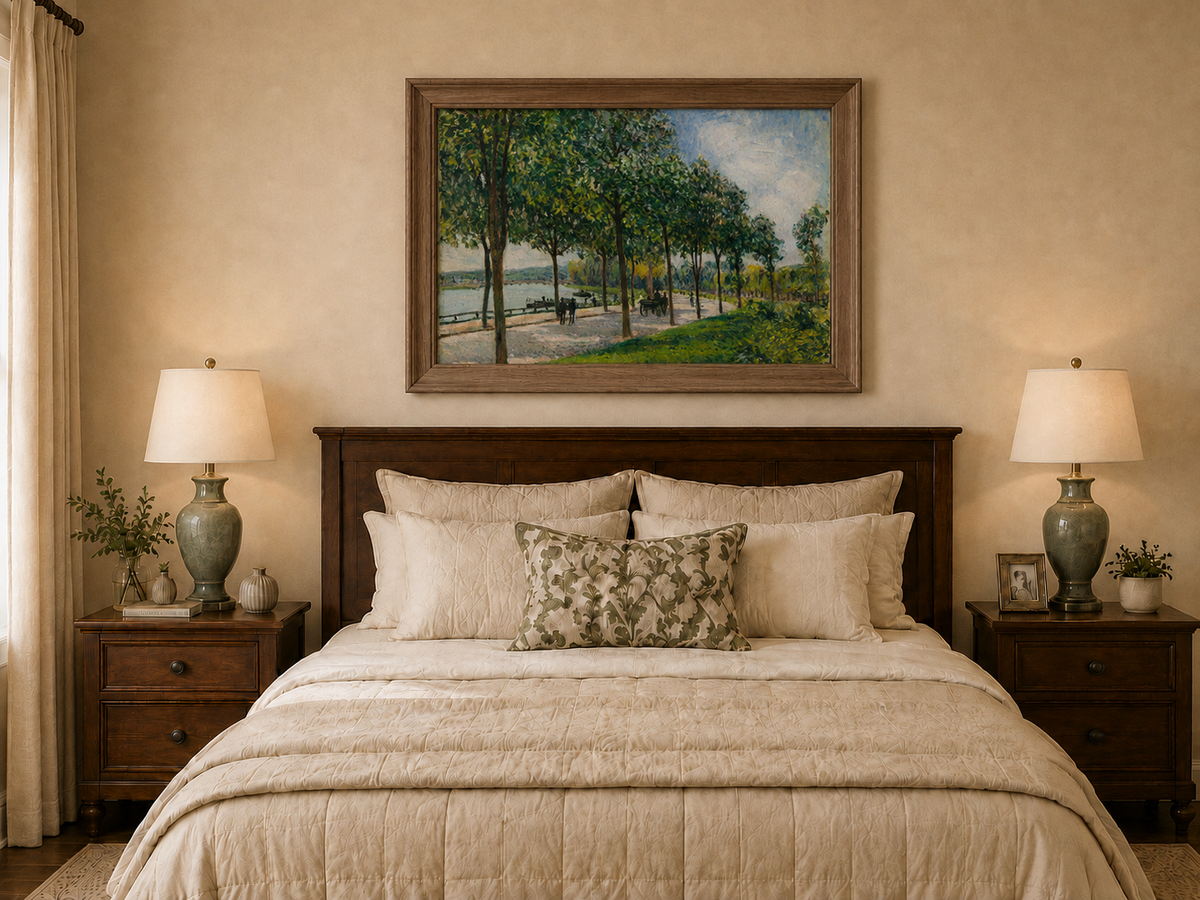 Landscape Oil Painting - Tree-Lined Riverside Promenade in Summer