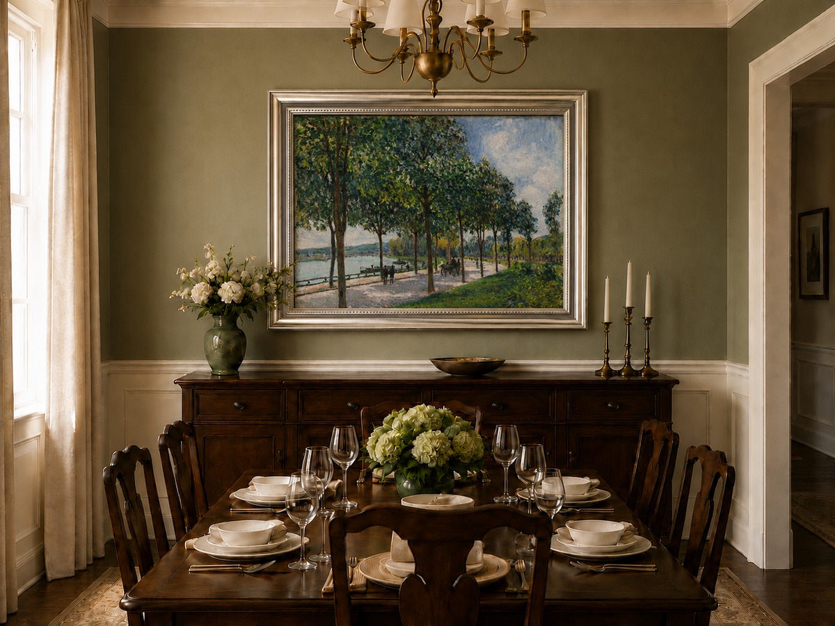 Landscape Oil Painting - Tree-Lined Riverside Promenade in Summer