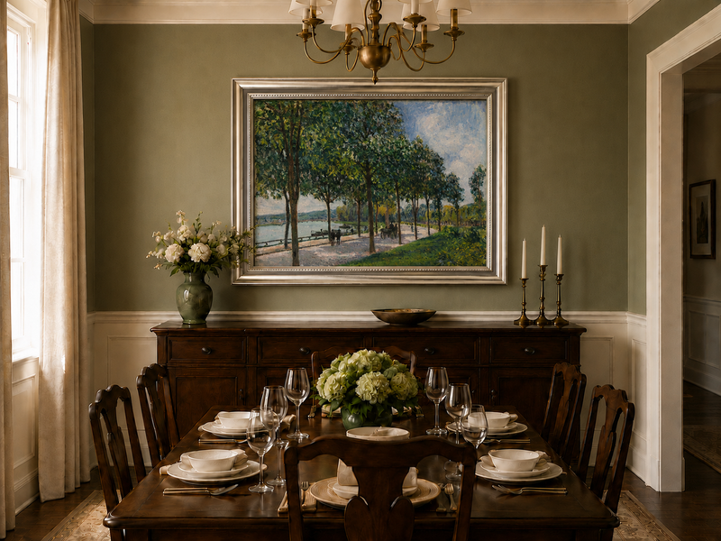 Landscape Oil Painting - Tree-Lined Riverside Promenade in Summer