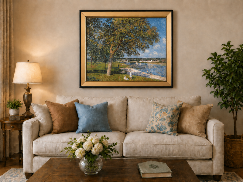 Landscape Oil Painting - Riverside Trees and Summer Village View
