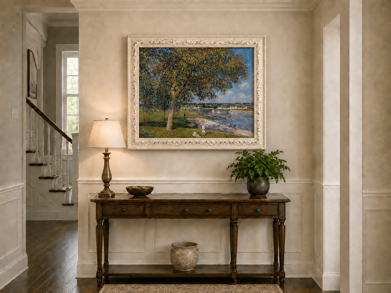 Landscape Oil Painting - Riverside Trees and Summer Village View