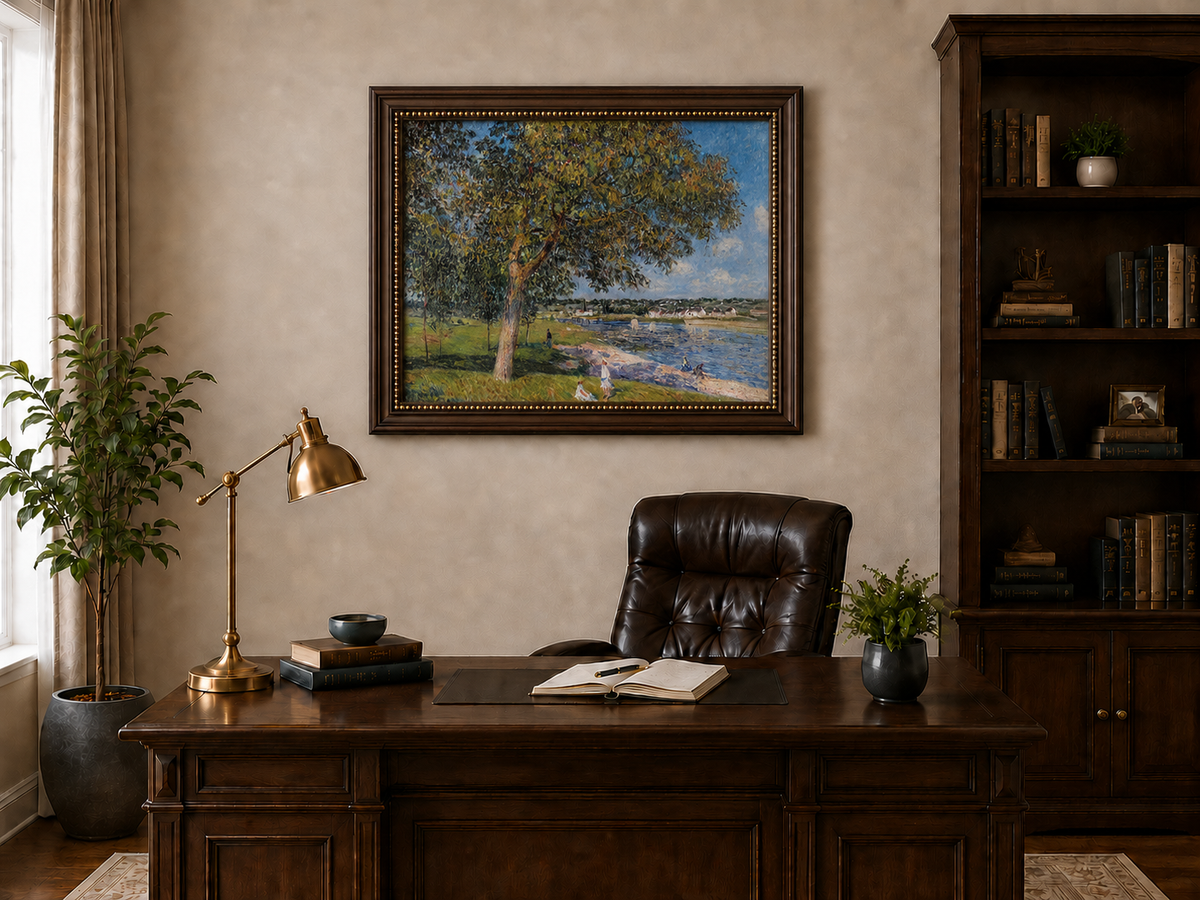 Landscape Oil Painting - Riverside Trees and Summer Village View