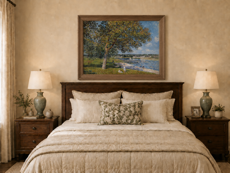 Landscape Oil Painting - Riverside Trees and Summer Village View
