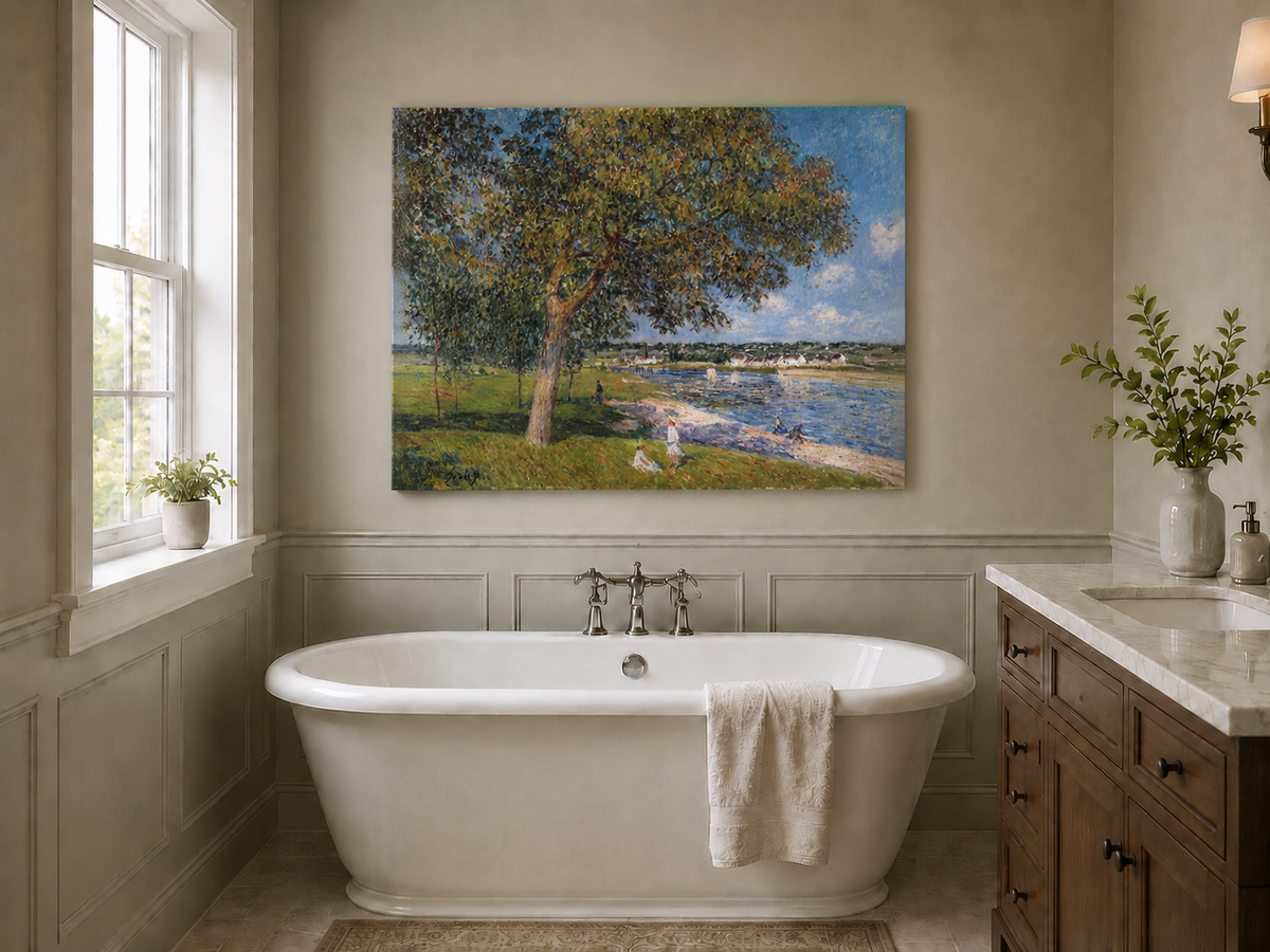 Landscape Oil Painting - Riverside Trees and Summer Village View