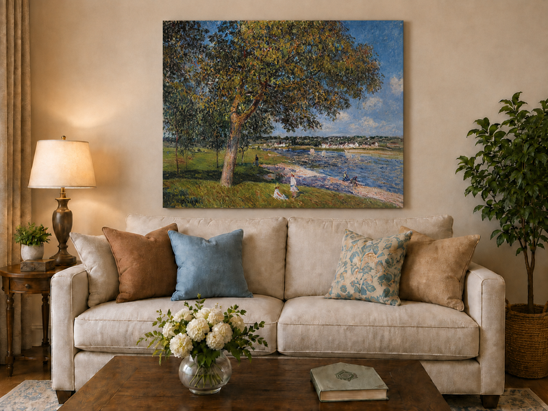 Landscape Oil Painting - Riverside Trees and Summer Village View