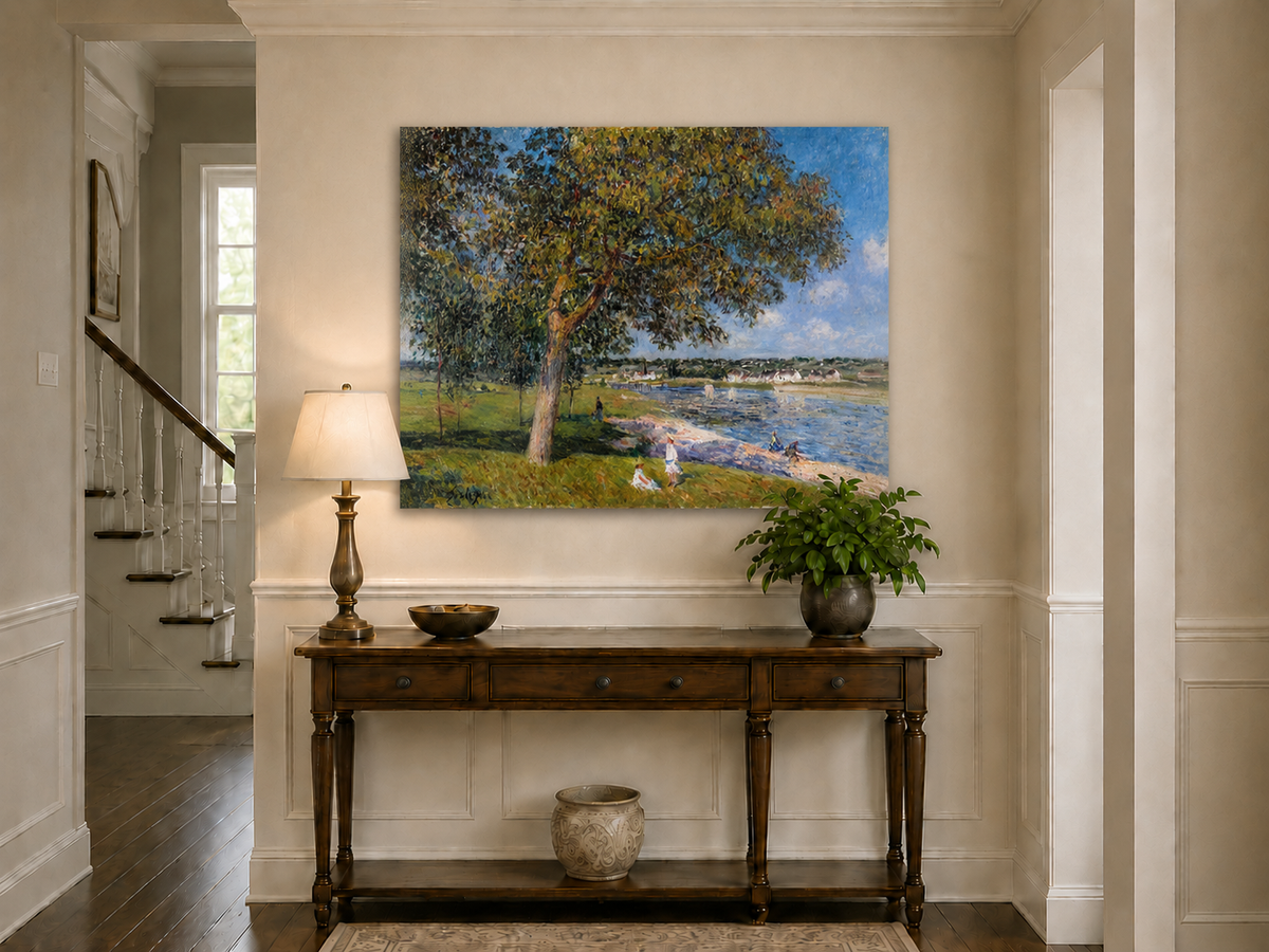 Landscape Oil Painting - Riverside Trees and Summer Village View