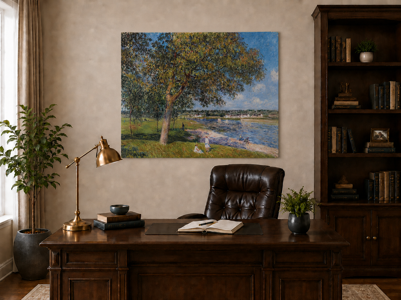 Landscape Oil Painting - Riverside Trees and Summer Village View