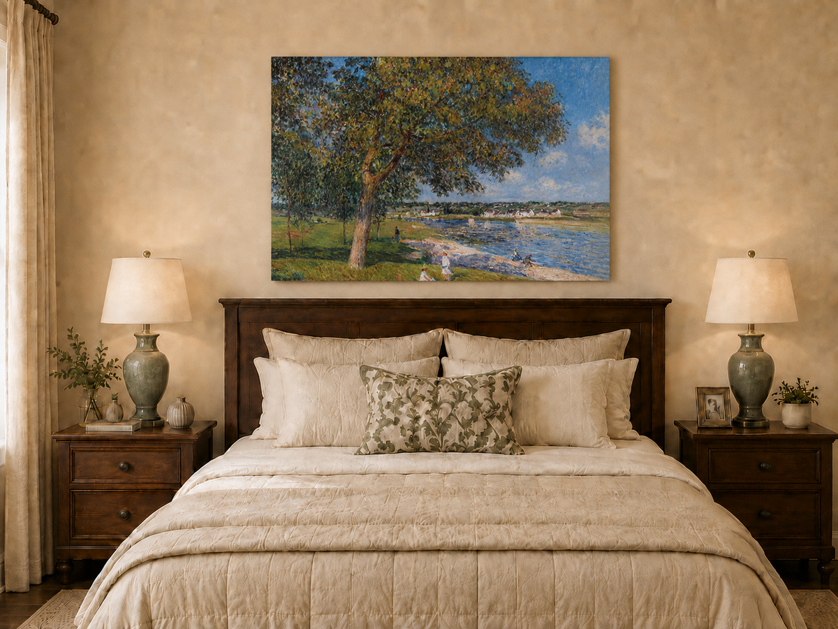 Landscape Oil Painting - Riverside Trees and Summer Village View