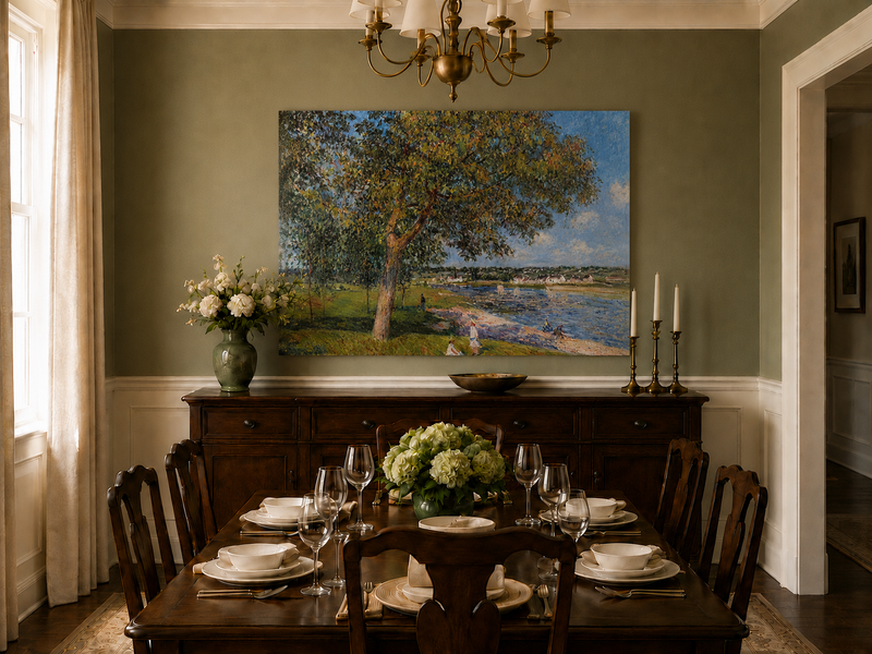 Landscape Oil Painting - Riverside Trees and Summer Village View