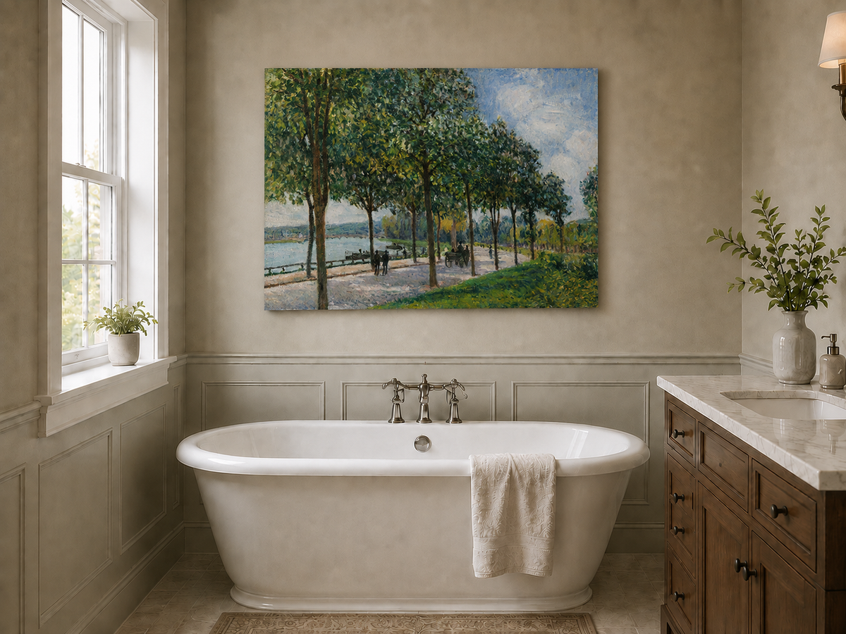 Landscape Oil Painting - Tree-Lined Riverside Promenade in Summer
