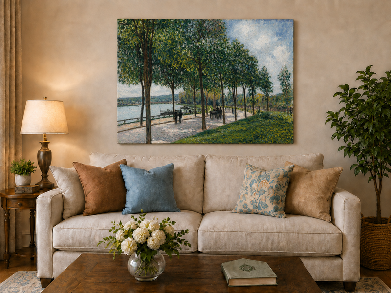Landscape Oil Painting - Tree-Lined Riverside Promenade in Summer