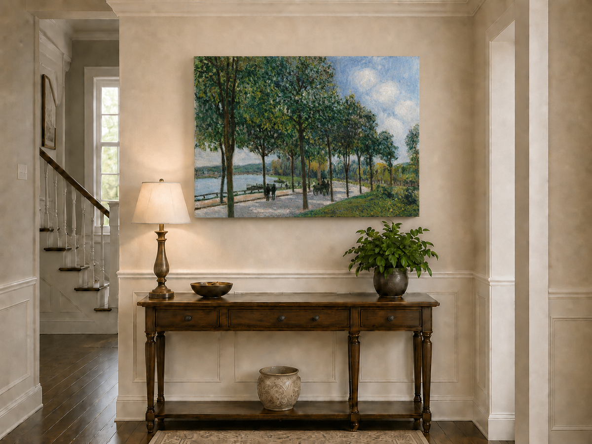 Landscape Oil Painting - Tree-Lined Riverside Promenade in Summer