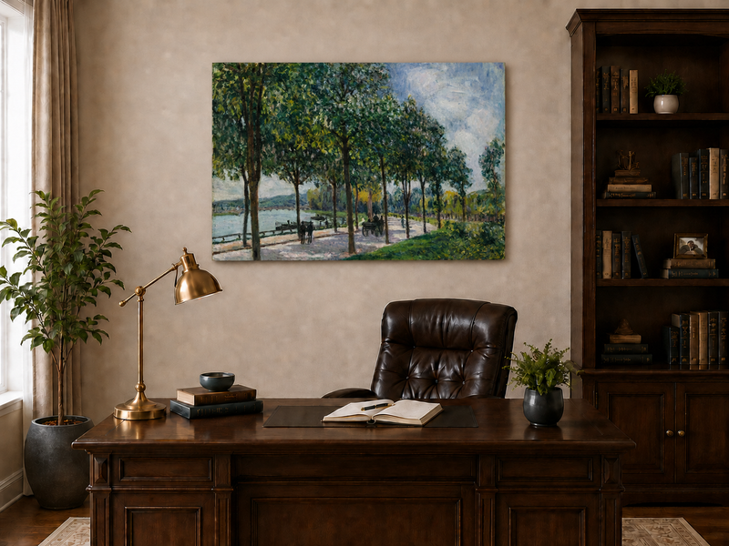 Landscape Oil Painting - Tree-Lined Riverside Promenade in Summer