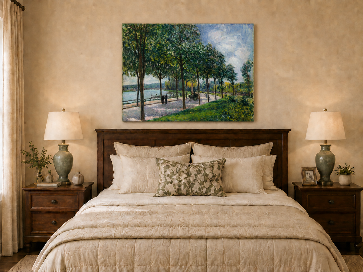 Landscape Oil Painting - Tree-Lined Riverside Promenade in Summer