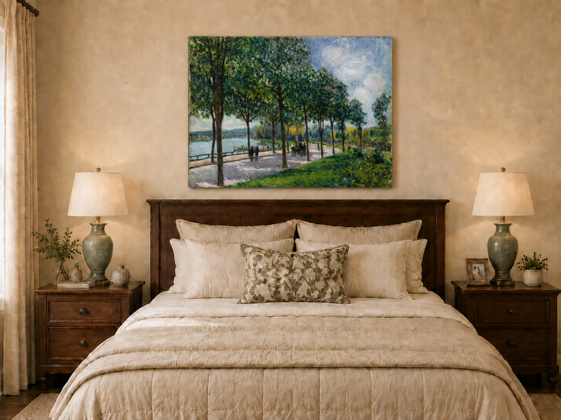 Landscape Oil Painting - Tree-Lined Riverside Promenade in Summer