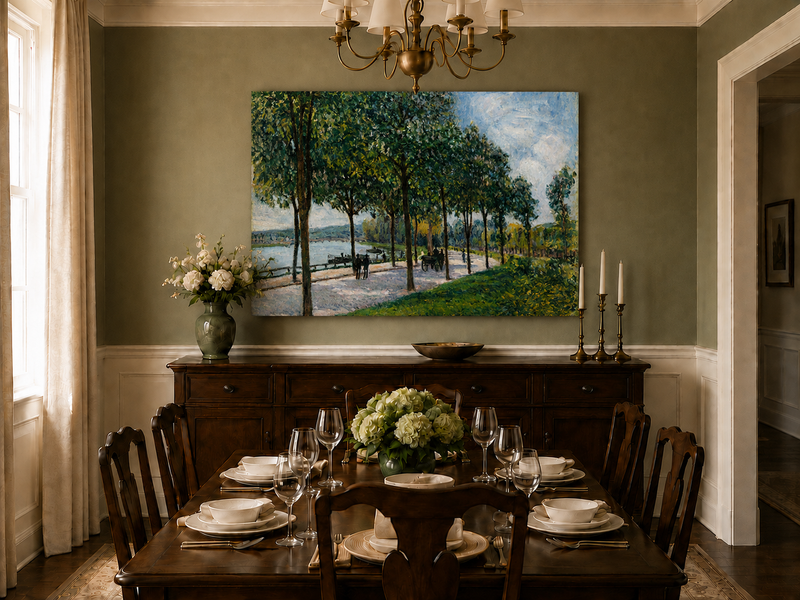 Landscape Oil Painting - Tree-Lined Riverside Promenade in Summer