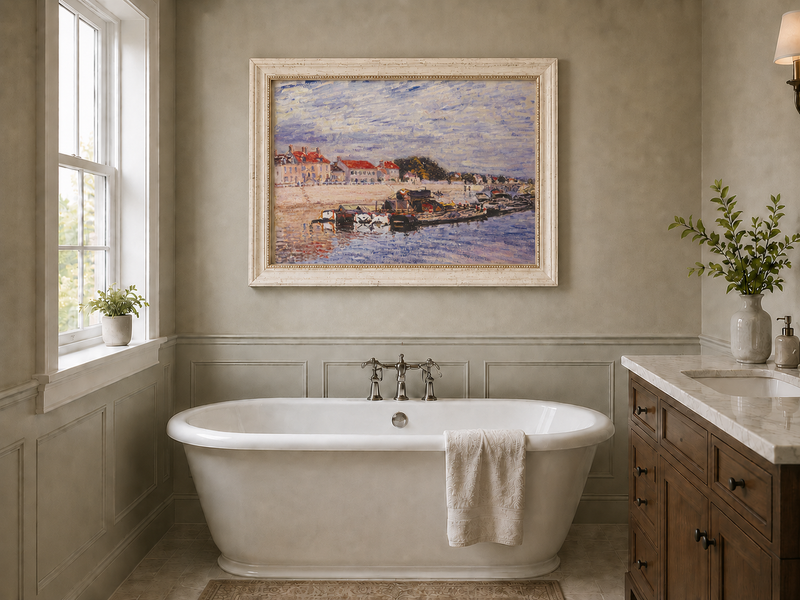 Landscape Oil Painting - River Harbor Boats & Village Houses