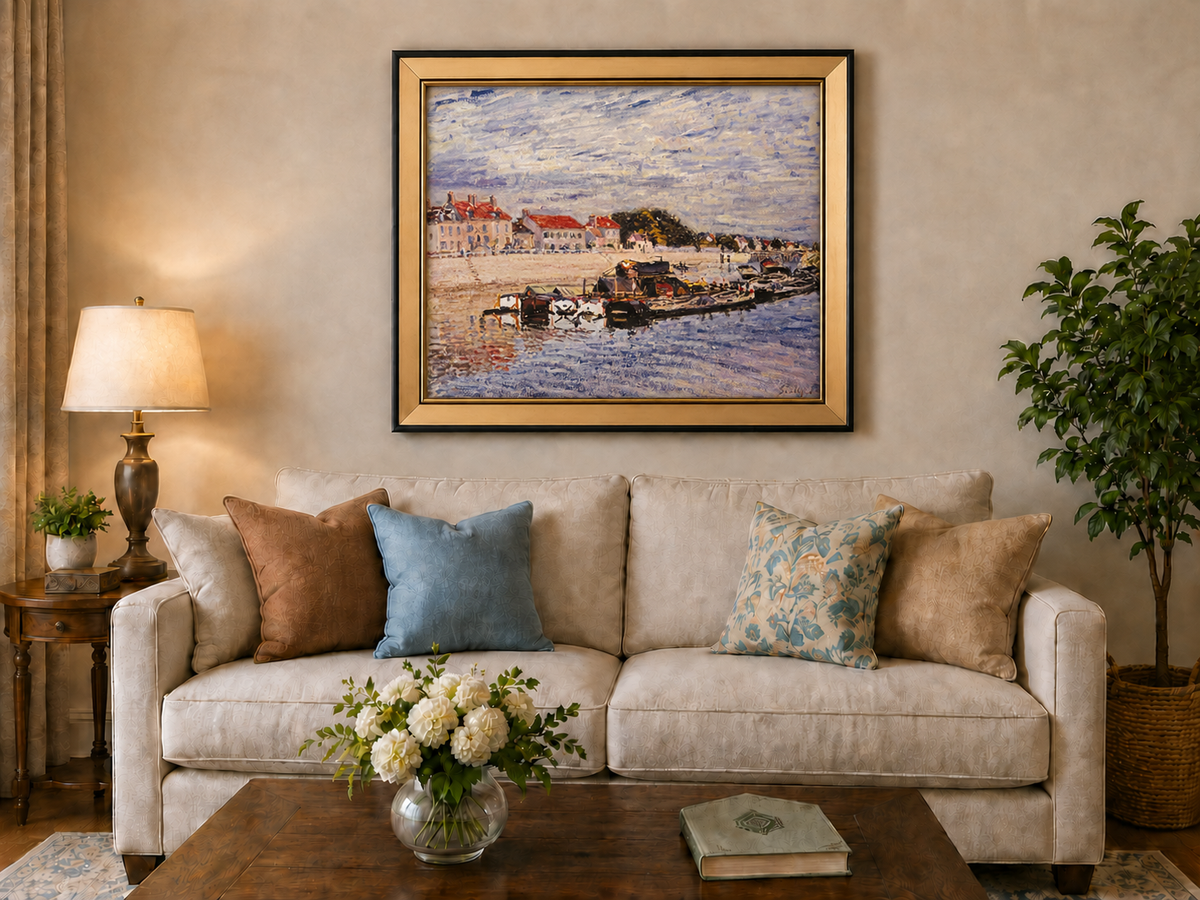 Landscape Oil Painting - River Harbor Boats & Village Houses