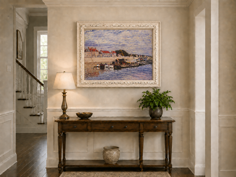 Landscape Oil Painting - River Harbor Boats & Village Houses