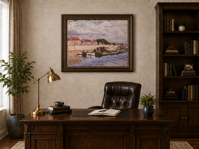 Landscape Oil Painting - River Harbor Boats & Village Houses