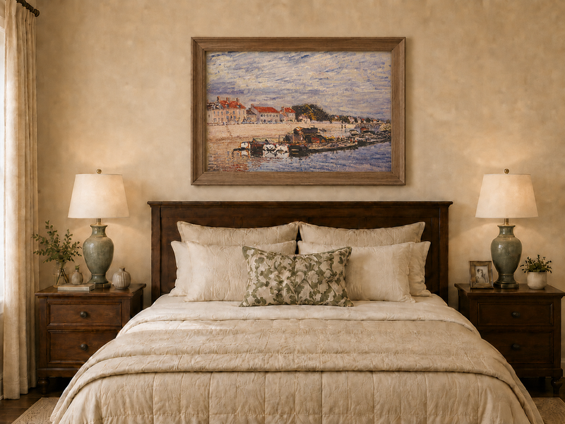 Landscape Oil Painting - River Harbor Boats & Village Houses