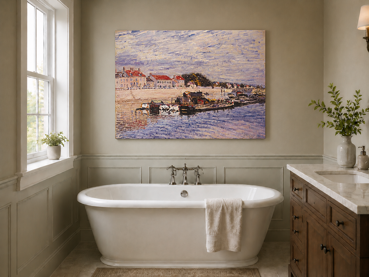 Landscape Oil Painting - River Harbor Boats & Village Houses