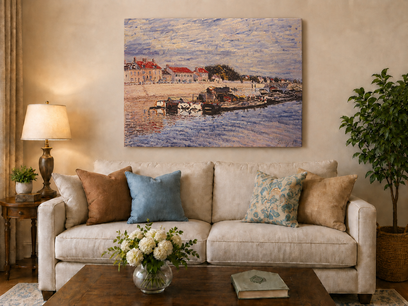 Landscape Oil Painting - River Harbor Boats & Village Houses
