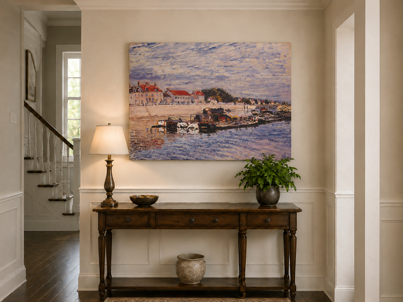 Landscape Oil Painting - River Harbor Boats & Village Houses