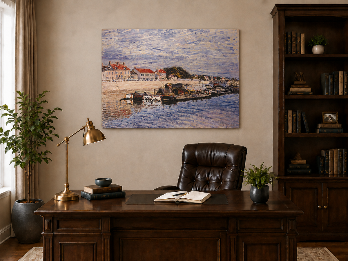Landscape Oil Painting - River Harbor Boats & Village Houses