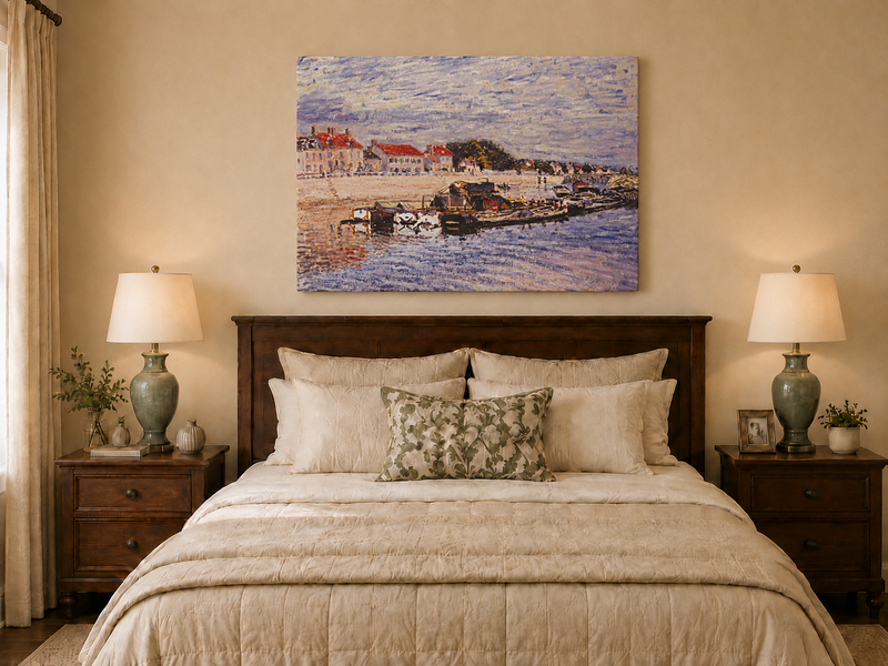 Landscape Oil Painting - River Harbor Boats & Village Houses