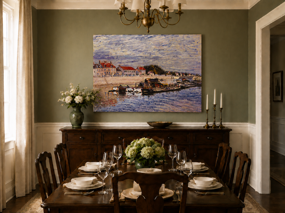Landscape Oil Painting - River Harbor Boats & Village Houses