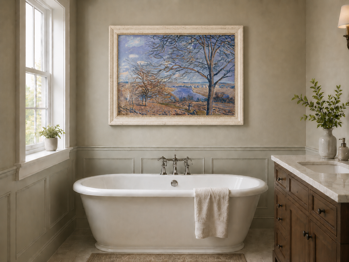 Landscape Oil Painting - Autumn River Valley with Bare Trees