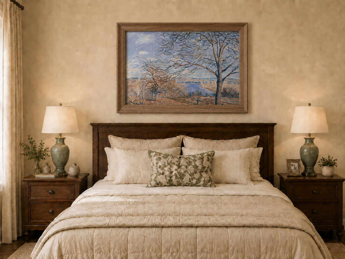 Landscape Oil Painting - Autumn River Valley with Bare Trees