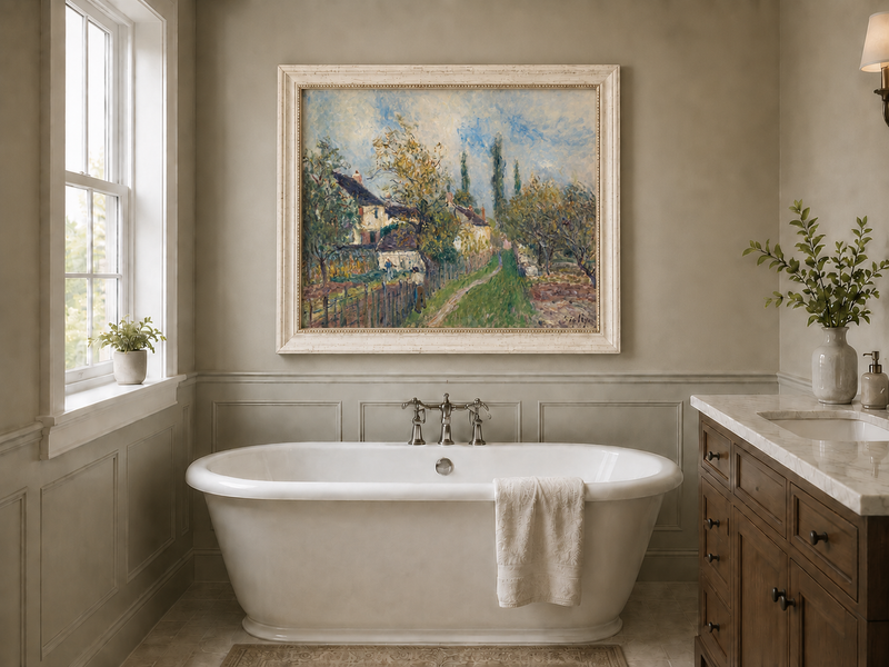 Landscape Oil Painting - Countryside Houses & Garden Path Spring