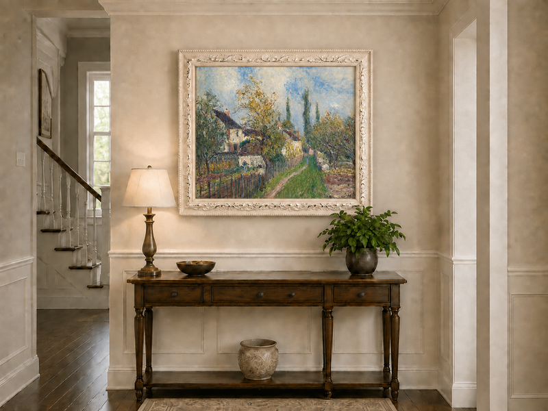 Landscape Oil Painting - Countryside Houses & Garden Path Spring