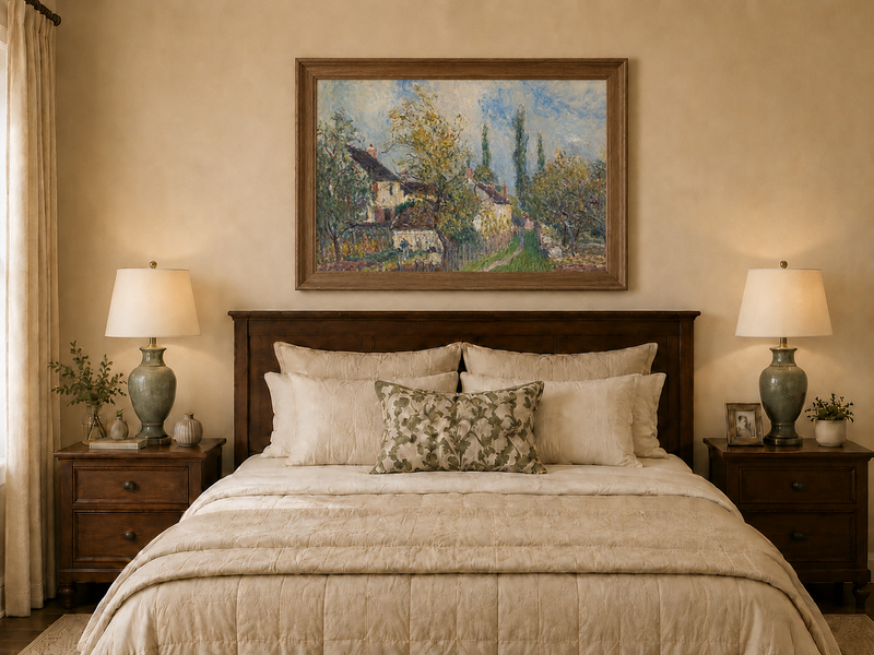 Landscape Oil Painting - Countryside Houses & Garden Path Spring