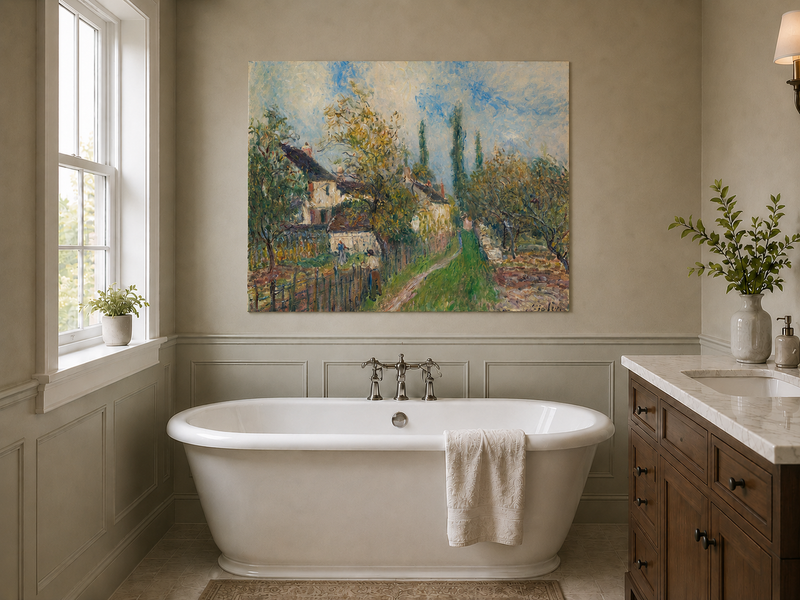 Landscape Oil Painting - Countryside Houses & Garden Path Spring