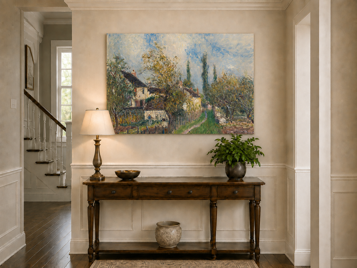 Landscape Oil Painting - Countryside Houses & Garden Path Spring