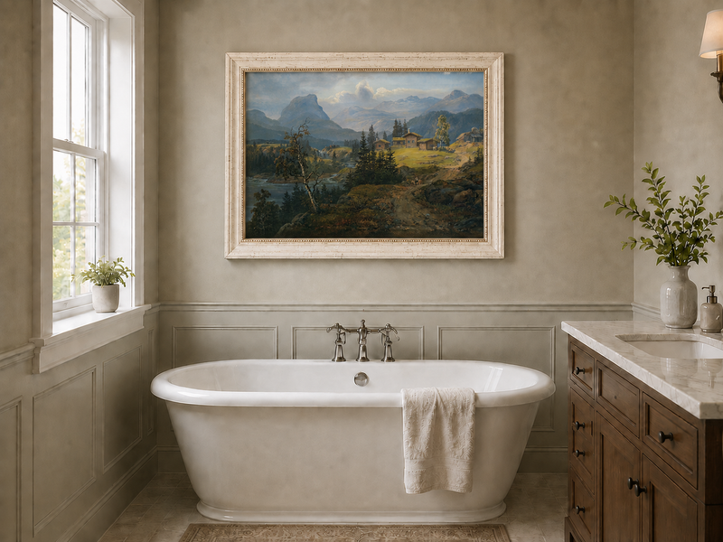 Peinture à l'huile de paysage - Gouffre rocheux spectaculaire avec personnages