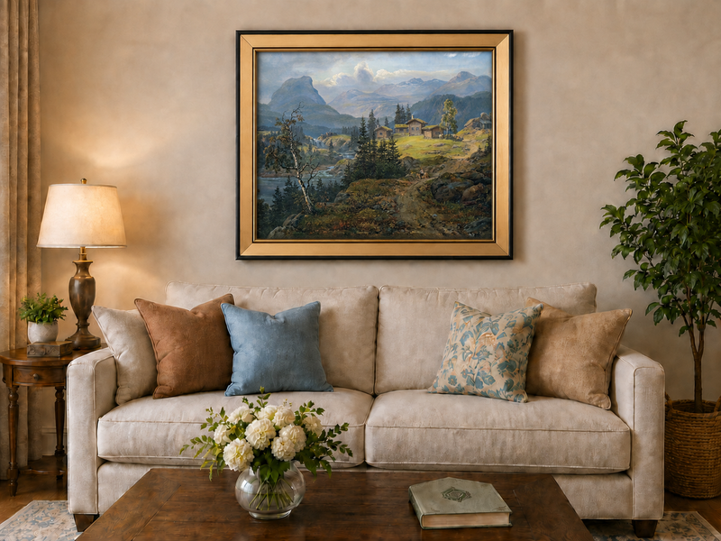 Peinture à l'huile de paysage - Gouffre rocheux spectaculaire avec personnages
