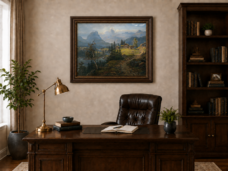 Peinture à l'huile de paysage - Gouffre rocheux spectaculaire avec personnages