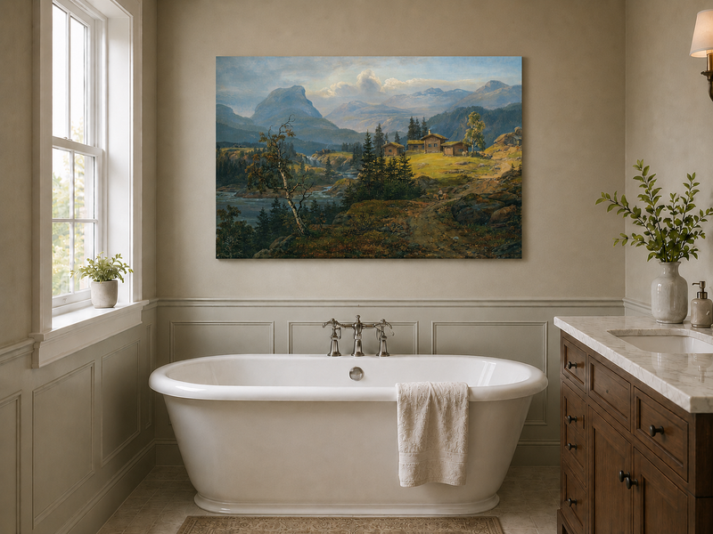 Peinture à l'huile de paysage - Gouffre rocheux spectaculaire avec personnages