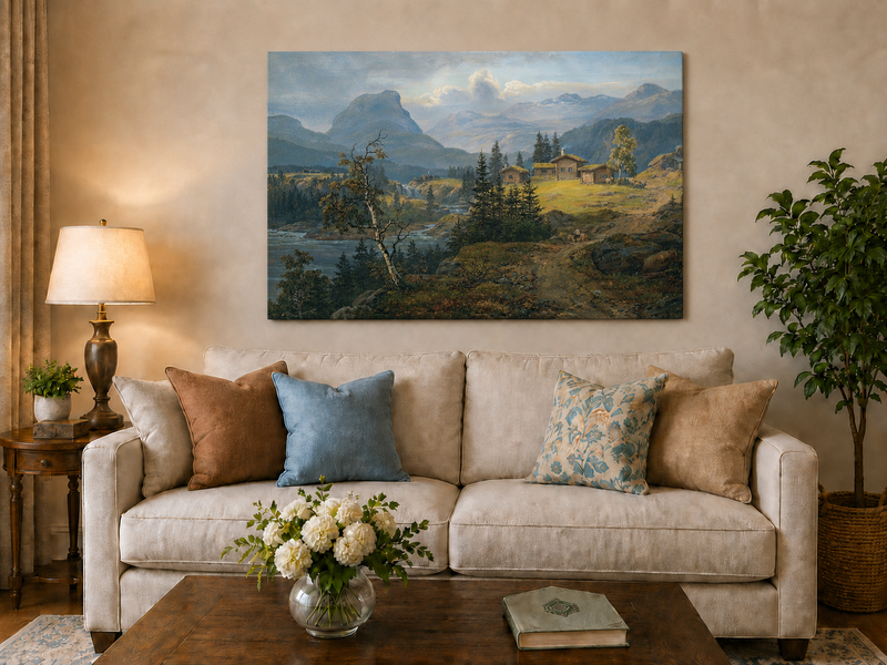 Peinture à l'huile de paysage - Gouffre rocheux spectaculaire avec personnages
