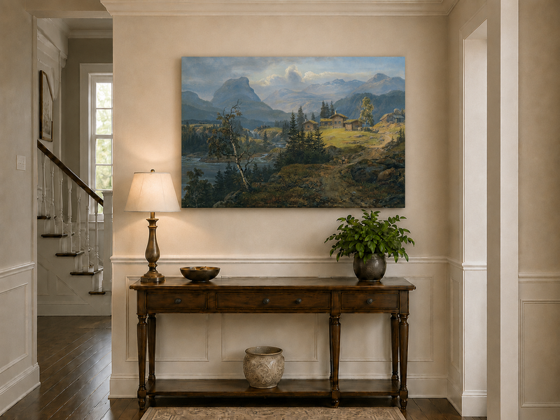 Peinture à l'huile de paysage - Gouffre rocheux spectaculaire avec personnages