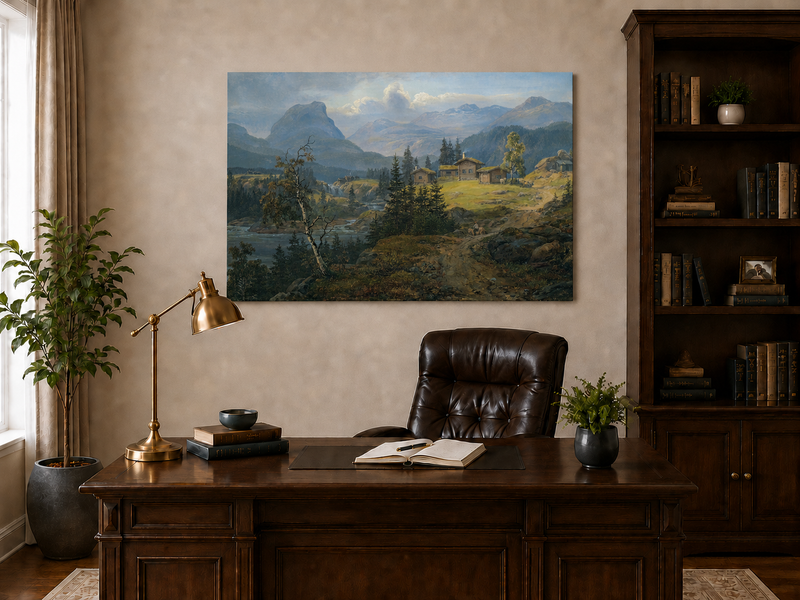 Peinture à l'huile de paysage - Gouffre rocheux spectaculaire avec personnages