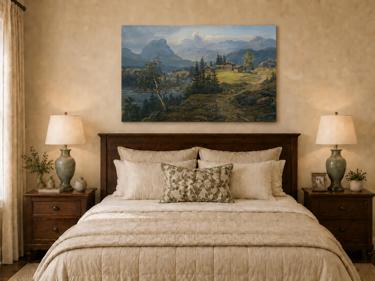 Peinture à l'huile de paysage - Gouffre rocheux spectaculaire avec personnages
